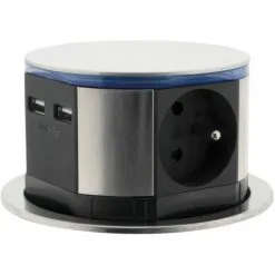 Bloc Multiprise Encastrable Compact LED 3 Prises 16A 2P+T & 2x USB - Finition Inox - Otio